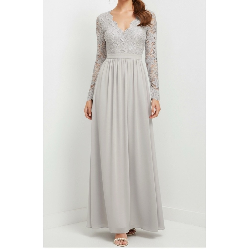 LULUS Awaken My Love Long Sleeve Lace Maxi Dress, Grey, Small